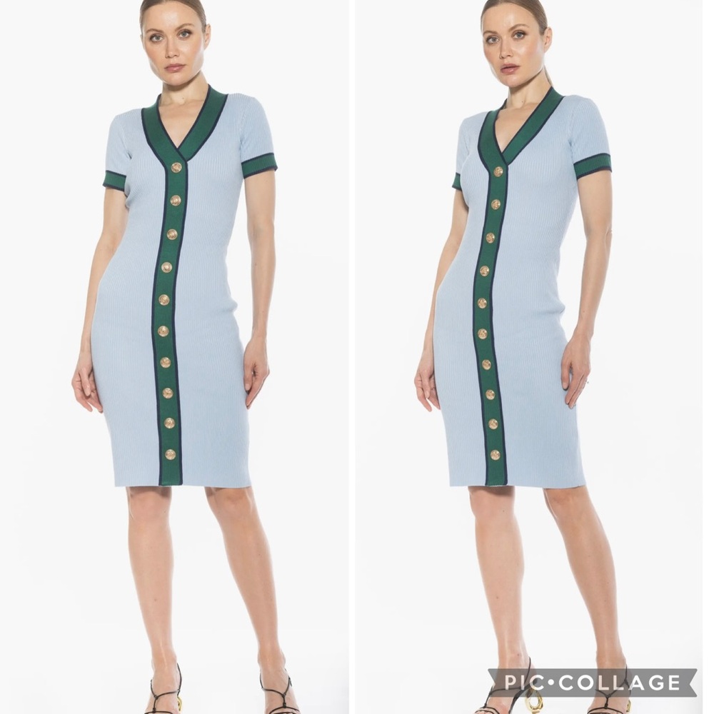 Alexia Admor Otto V-neck Blue & Green Short Sleeve Ribbed Sweater Dress XS